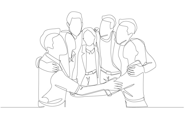 Vector continuous one line drawing of group of young employees hugging each other happily