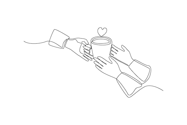 Continuous one line drawing hand giving a cup of coffee in hand of another person International coffee day concept Single line draw design vector graphic illustration