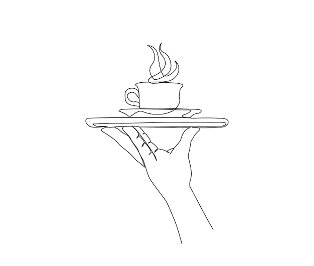 Continuous one line drawing of hand holding a coffe cup using tray a coffe cup line art vector.