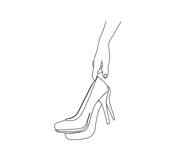 Vector continuous one line drawing of hand holding female highheels shoes elegant women stiletto heels line art drawing vector design