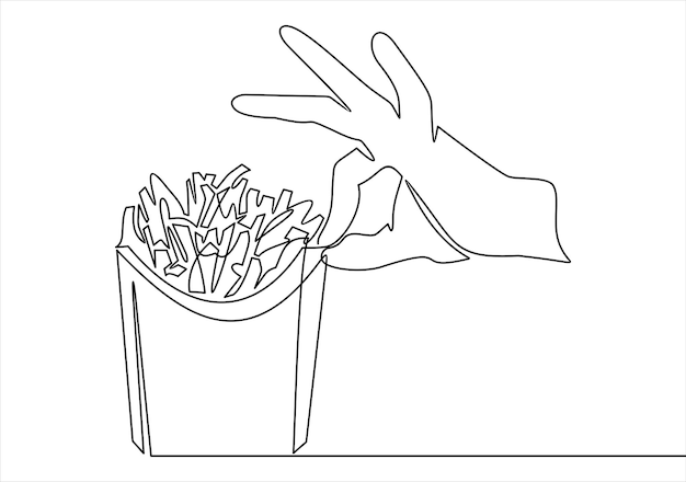 Continuous one line drawing hand holding french fries in paper box. 
