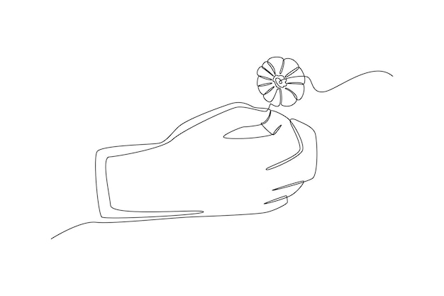 Continuous one line drawing hand holding pin flower poppy Remembrance day concept Single line draw design vector graphic illustration