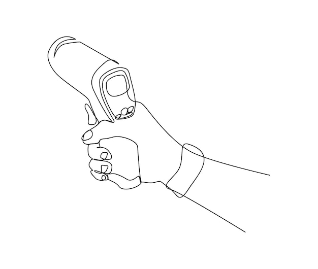 Continuous one line drawing of hand holding thermometer gun Simple illustration of digital thermometer line art vector illustration