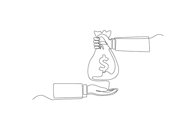 Continuous one line drawing Hand with bag giving money to another hand Wealth and prosperity concept Single line draw design vector graphic illustration