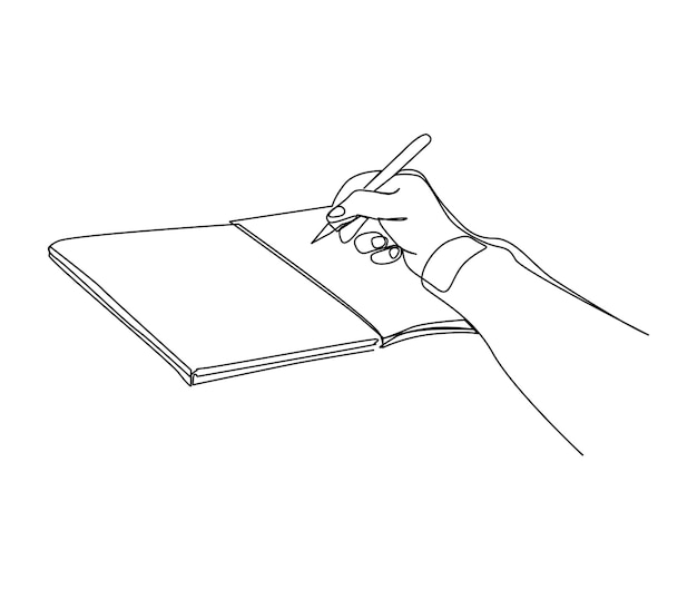 Continuous one line drawing of Hand writing on the book Hand holding pen single line art vector illustration