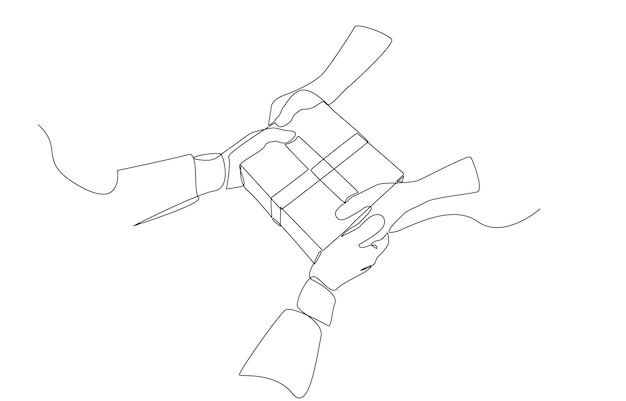 Continuous one line drawing of hands delivering parcel box parcel delivery service concept