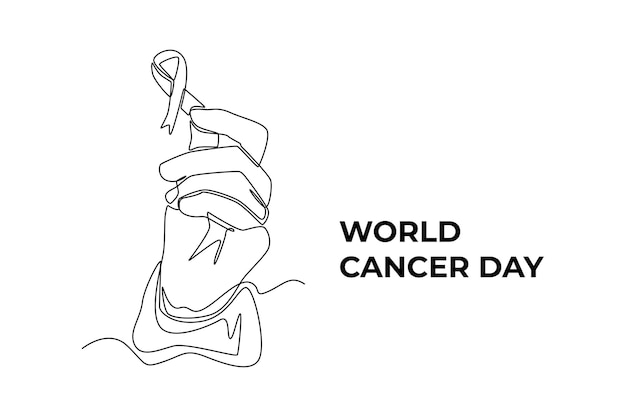 Continuous one line drawing hands holding ribbon for supporting people living and illness World cancer day concept Single line draw design vector graphic illustration