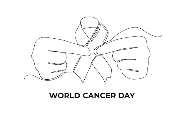 Continuous one line drawing hands holding ribbon for supporting people living and illness World cancer day concept Single line draw design vector graphic illustration