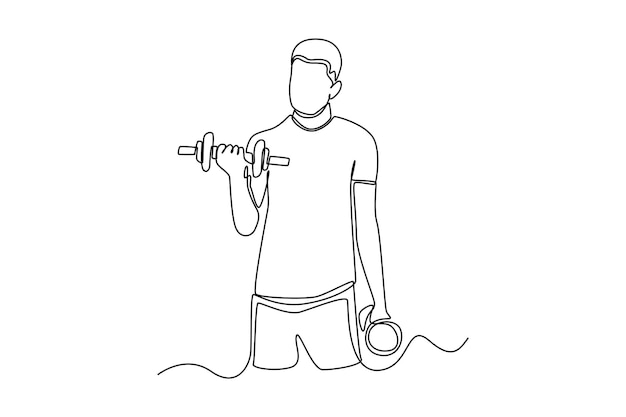 Continuous one line drawing happy boy exercising in the morning Healthcare at home concept Single line draw design vector graphic illustration