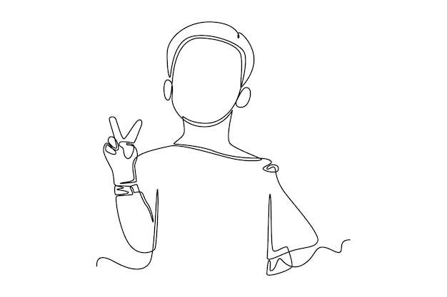 Continuous one line drawing happy boy two finger gesture World health Day concept Single line draw design vector graphic illustration