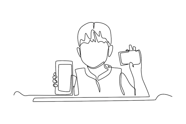 Continuous one line drawing happy boy using credit or debit card for online transaction through smartphone Cashless concept Single line draw design vector graphic illustration