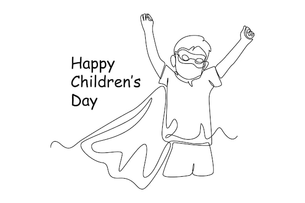 Continuous one line drawing happy boy with superhero outfit Happy Children's Day concept Single line draw design vector graphic illustration