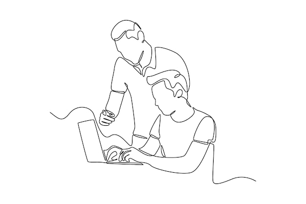 Continuous one line drawing Happy father shows how to use a laptop to his son Raising teens concept Single line draw design vector graphic illustration