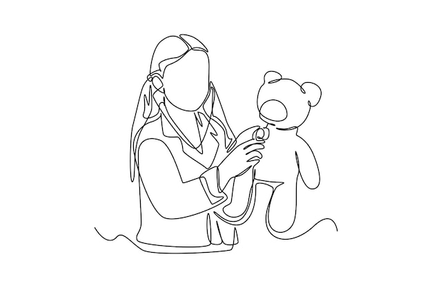 Continuous one line drawing happy girl playing doctor with stethoscope World health Day concept Single line draw design vector graphic illustration