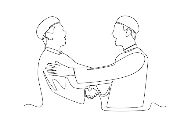 Continuous one line drawing happy men shaking hands with each other when Eid Mubarak Eid alFitr concept Single line draw design vector graphic illustration