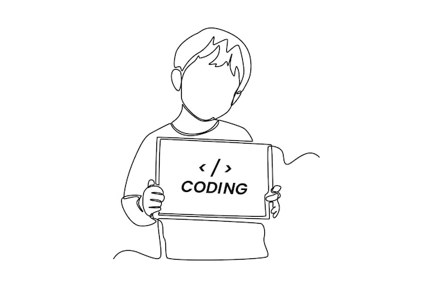 Continuous one line drawing happy programmer pointing programming code in tablet Programming code concept Single line draw design vector graphic illustration