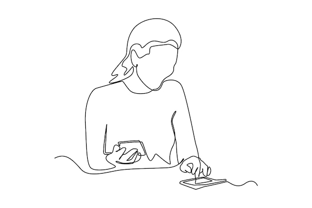 Continuous one line drawing happy woman calculating utilities expense with calculator and analyzing her spendings Budget planner concept Single line draw design vector graphic illustration