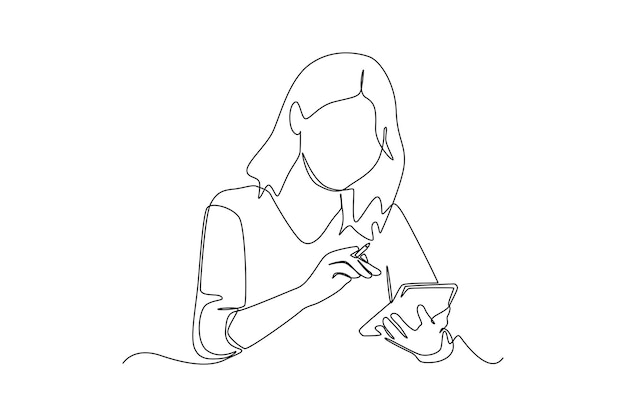 Continuous one line drawing happy woman calculating utilities expense with calculator and analyzing her spendings Budget planner concept Single line draw design vector graphic illustration