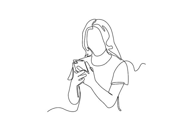 Continuous one line drawing happy young girl typing in smartphone Communication concept Single line draw design vector graphic illustration