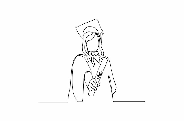 Continuous one line drawing of happy young graduate female student wearing graduation suit Premium