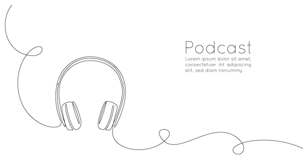 Continuous one line drawing of headphones speaker for podcast web banner Music gadget and earphones devices in simple linear style Editable stroke Doodle vector illustration