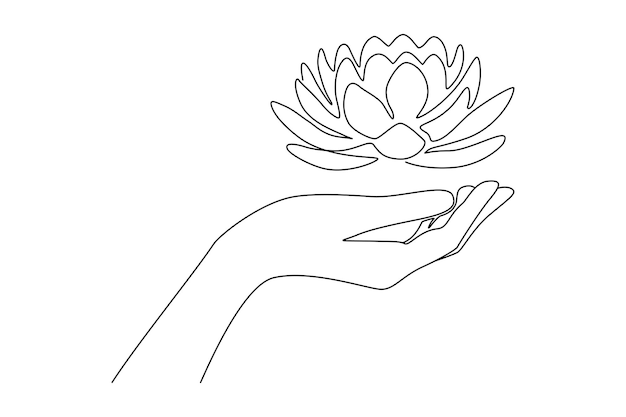 Continuous one line drawing of human hand with lotus flower Water lily buddhism concept in simple linear style Editable stroke Doodle outline vector illustration