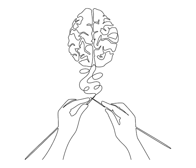 Vector continuous one line drawing of human hands knitting brain mental health and psychotherapy concept in simple linear style editable stroke doodle outline vector illustration