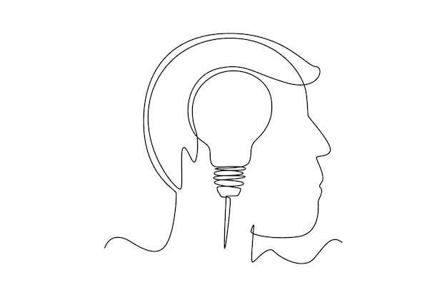 Continuous one line drawing Human head with light bulb Personal growth concept Single line draw design vector graphic illustration