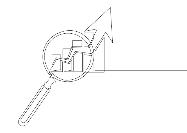 Continuous one line drawing of increasing up arrows bar graph and magnifying glass