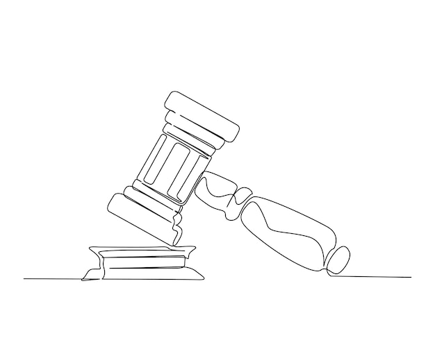 Continuous one line drawing of Judges hammer over the the block