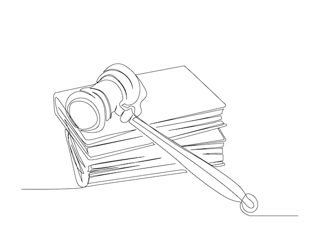 Continuous one line drawing of Judges hammer over the books