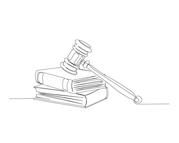 Continuous one line drawing of Judges hammer over the books