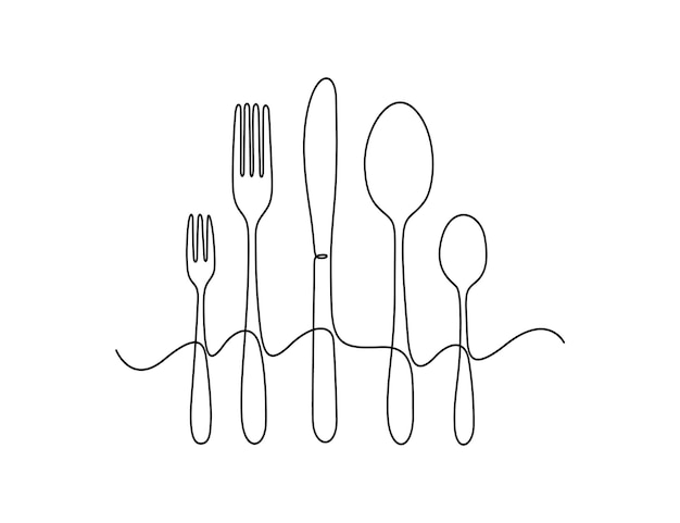 Vector continuous one line drawing of kitchen utensils cutlery set vector illustration