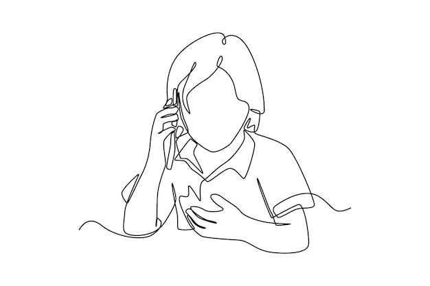 Continuous one line drawing little girl using smartphone Communication concept Single line draw design vector graphic illustration