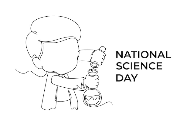 Continuous one line drawing little student pouring chemical liquid in tube Science day concept Single line draw design vector graphic illustration