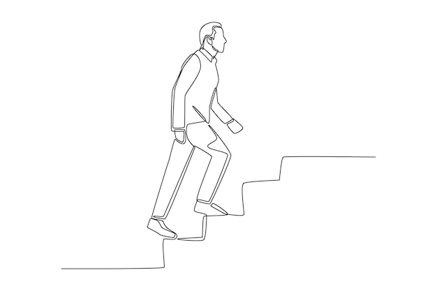 Continuous one line drawing man climbing up stairs to reach his goal on the top Single line draw design vector graphic illustration