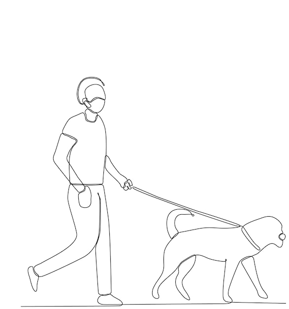 Continuous one line drawing of man holding dog leash while walking. Vector illustration