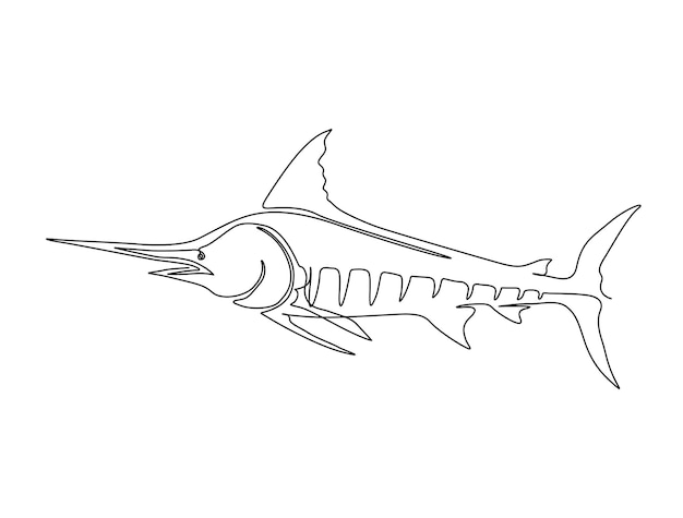 Continuous one line drawing of marlin fish. Simple illustration of marlin fish jumping line art vect