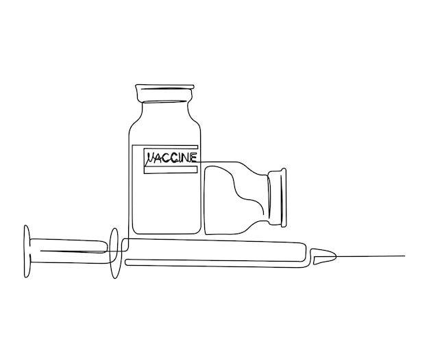 Continuous one line drawing of medical syringe and vial Simple illustration of Vaccine and Injection Syringe line art vector illustration