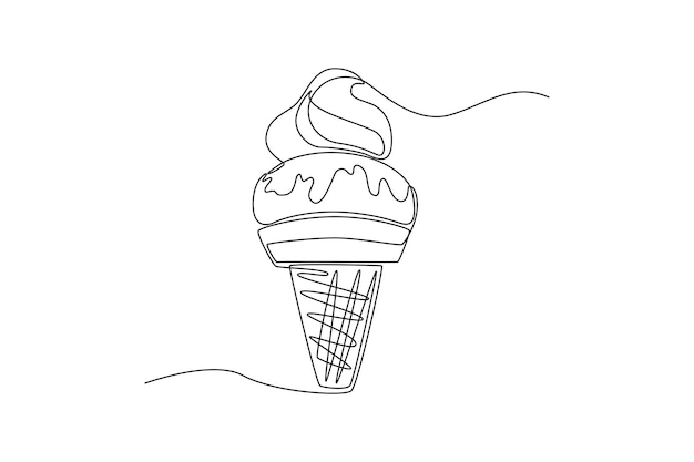 Continuous one line drawing melting ice cream balls in a waffle cone Dessert concept Single line draw design vector graphic illustration