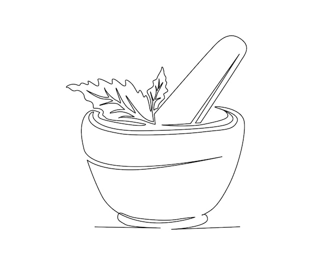 Continuous one line drawing of mortar with herbs Simple illustration of traditional mortar line art vector illustration