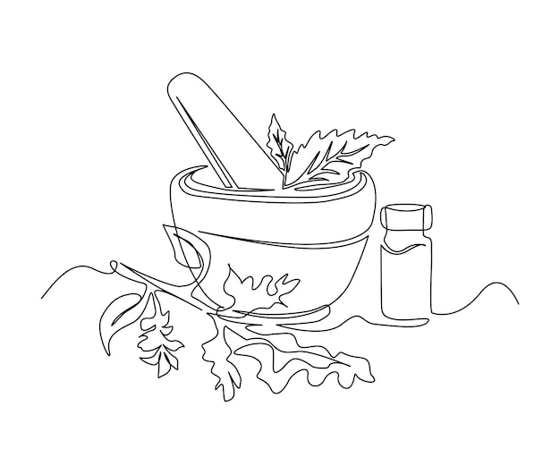 Continuous one line drawing of mortar with herbs Simple illustration of traditional mortar line art vector illustration