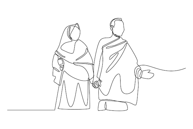 Continuous one line drawing muslim couples wife and husband wearing white traditional clothes for Ihram ready for Hajj Hajj and umrah concept Single line draw design vector graphic illustration