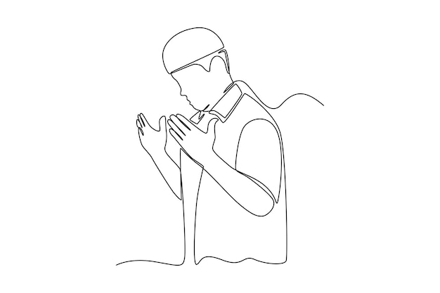 Continuous one line drawing Muslim man praying with his hands Ramadan Concept Single line draw design vector graphic illustration