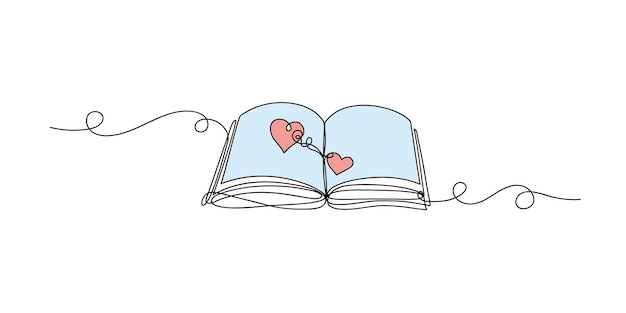 Continuous one line drawing open book with hearts shape isolated flat design vector illustration