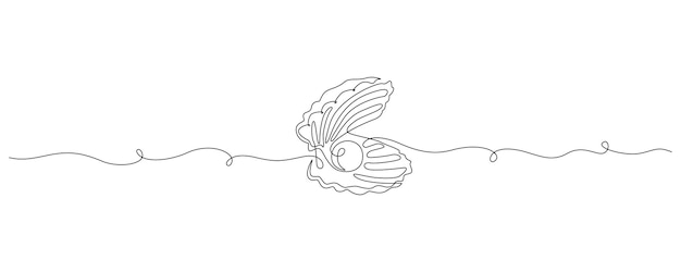 Continuous one line drawing of open oyster shell with pearl Seashell symbol and banner of beauty spa and wellness salon in simple linear style Editable stroke Outline Vector illustration