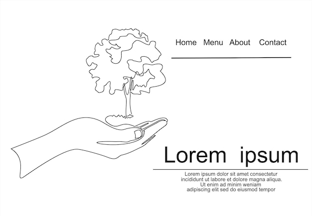 Continuous one line drawing palm hand holding together a green young plant.