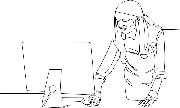 Continuous one line drawing of pinup cleaner or housekeeper in uniform hold soup bottle and duster