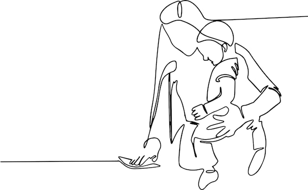 Continuous one line drawing of pinup cleaner or housekeeper in uniform hold soup bottle and duster