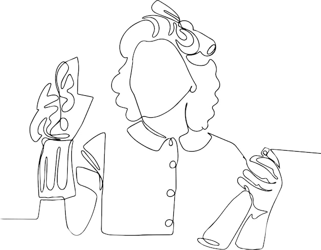 Continuous one line drawing of pinup cleaner or housekeeper in uniform hold soup bottle and duster